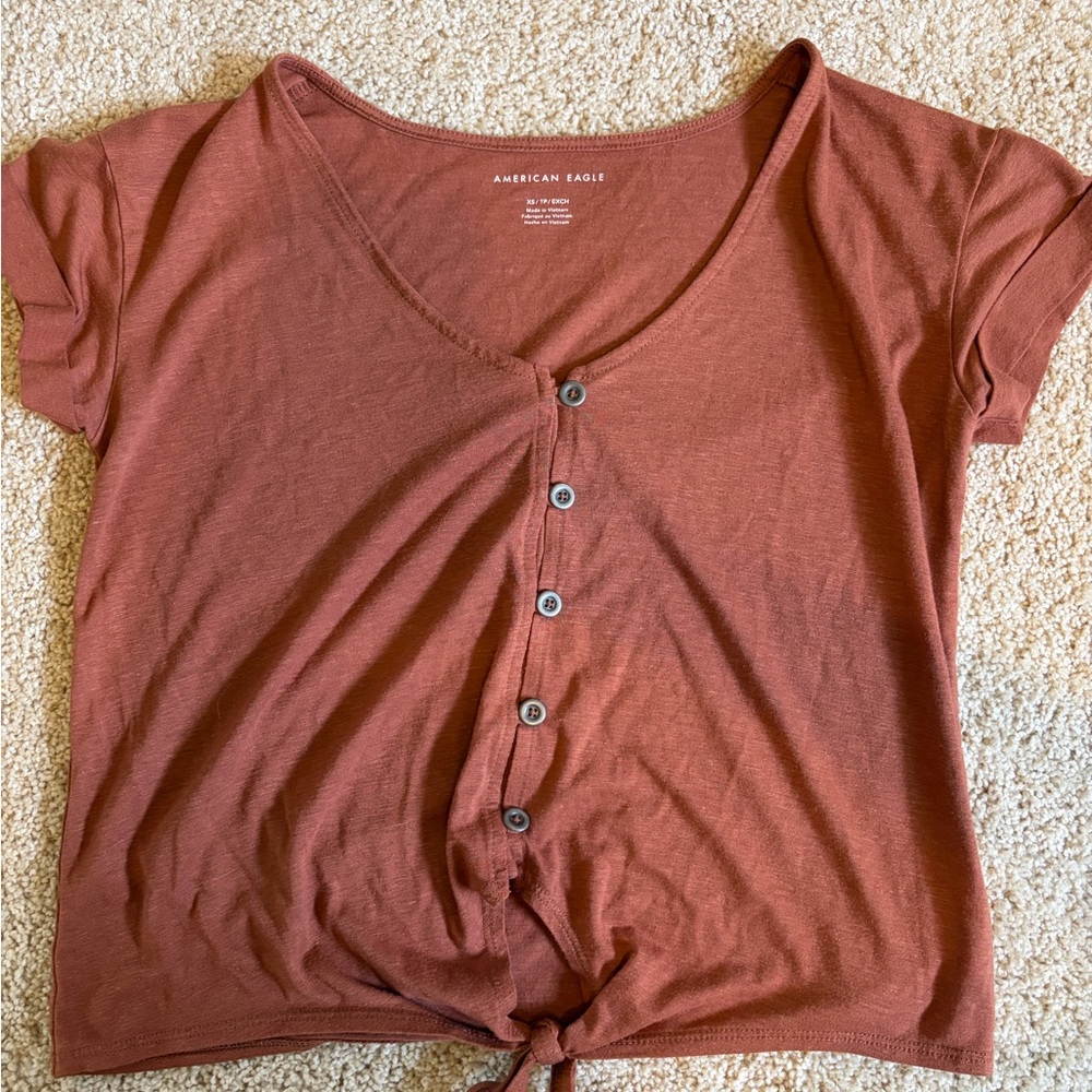 American Eagle Outfitters Rust Button-Front Tie Hem Crop Top